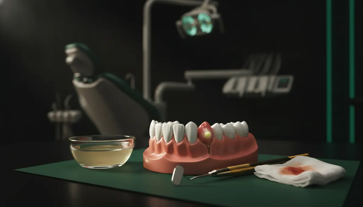 Model dentar care arată un abces la baza unui dinte, lângă instrumente stomatologice și o tăviță, pe fundal închis