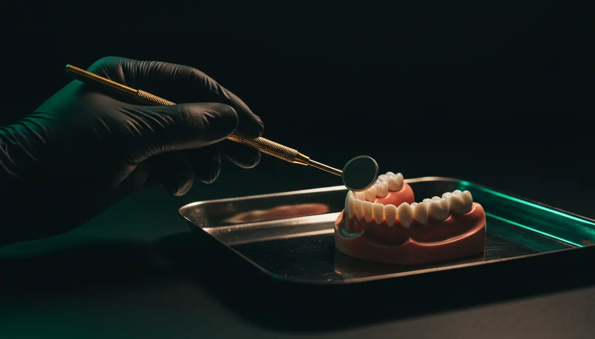 Examinare cu oglinda dentară a unui model didactic, folosită pentru a explica aftele bucale la Bel-Dent Baia Mare