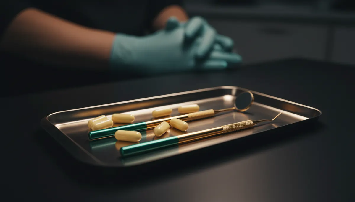 Tavă cu capsule de antibiotic și instrumentar stomatologic, mână în mănușă în fundal
