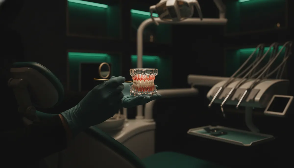 Instrumente de detartraj și un model dentar cu gingie inflamată, pe fundal închis cu accent verde