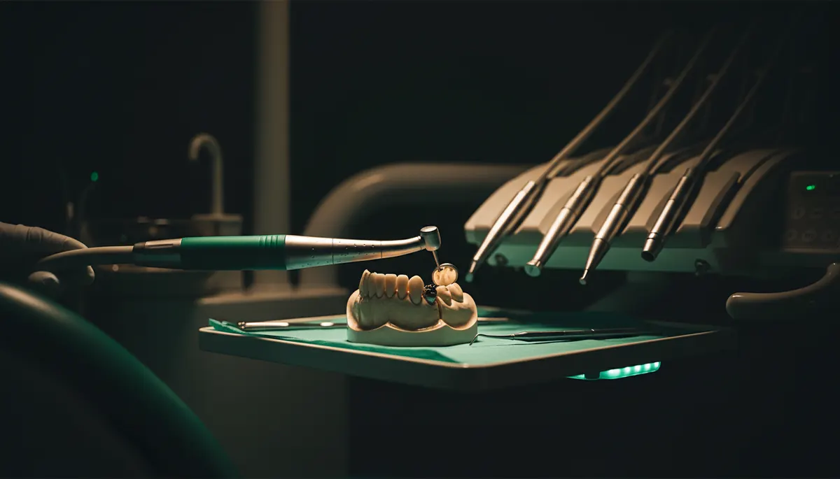 Instrumentar stomatologic pe un blat închis cu accent verde, pregătit pentru evaluarea unei lucrări dentare vechi