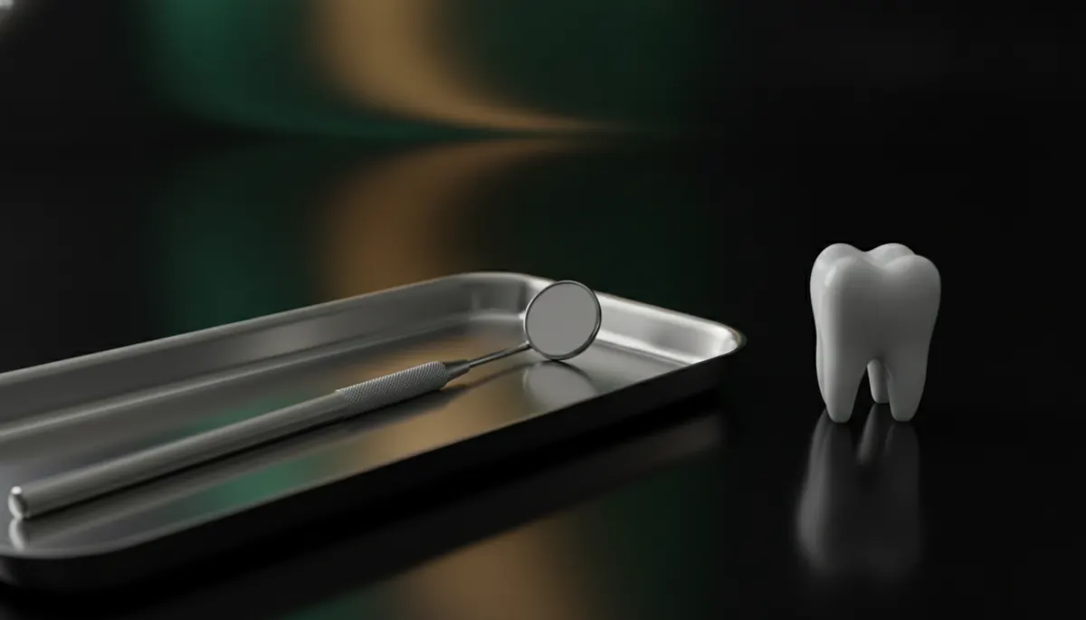 Oglindă dentară pe o tăviță metalică, lângă un model de dinte din ceramică albă, pe o suprafață închisă la culoare