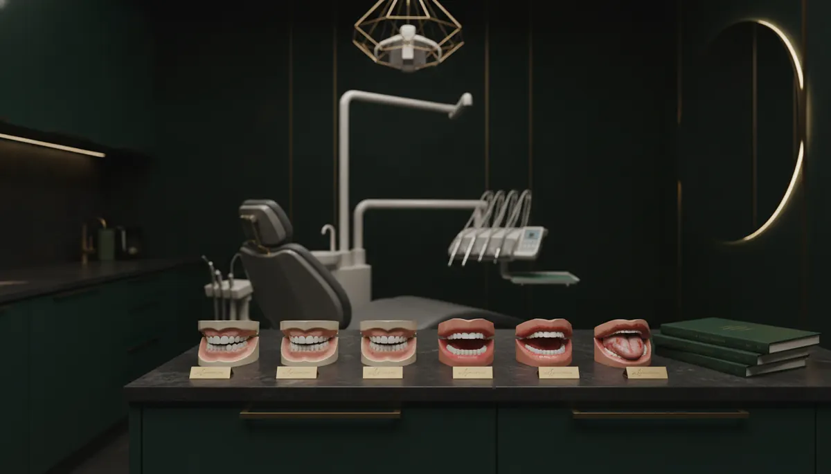 Modele dentare aliniate pe un blat închis, ilustrând tipurile de stomatită și mucoasa afectată