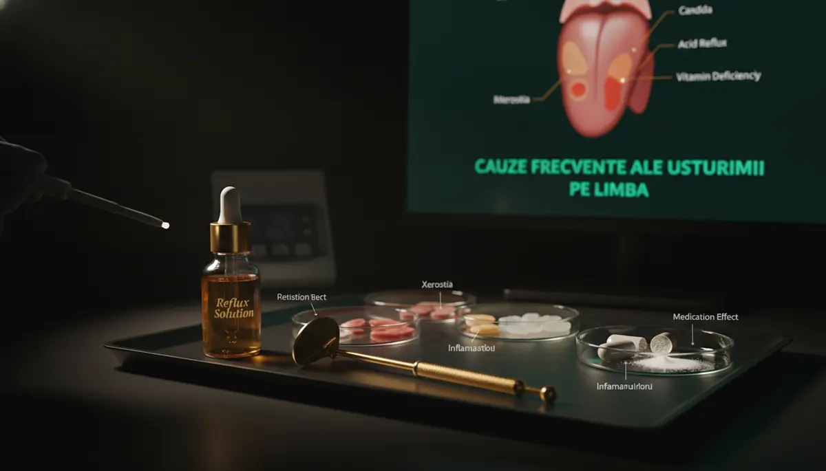 Machetă dentară pe un birou, folosită la explicarea cauzelor usturimii pe limbă