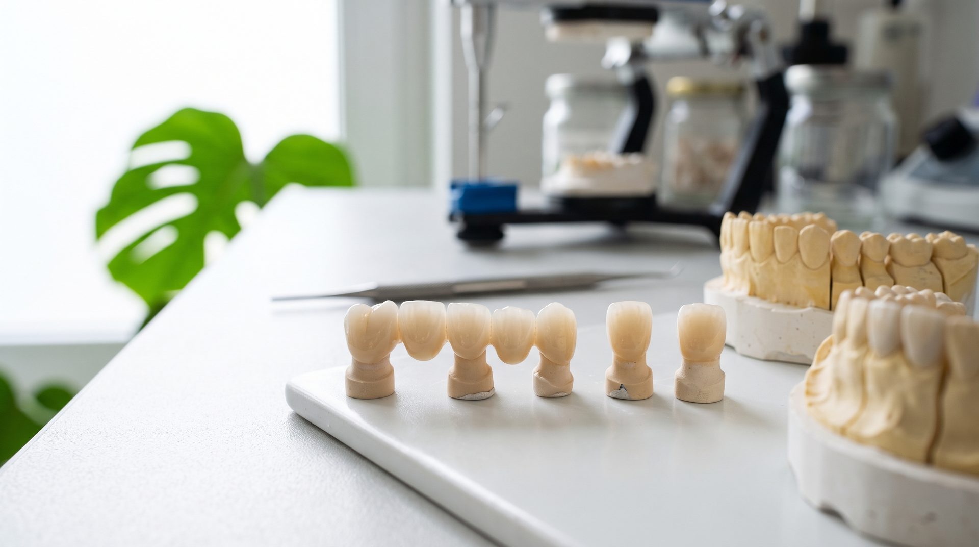 Coroane și punte dentară din ceramică pe masa de laborator, Bel-Dent Baia Mare